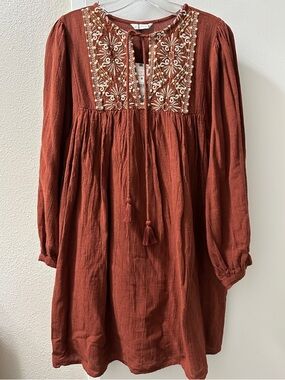 Zara Rust Embroidered Peasant Dress with Pink & Cream Accents